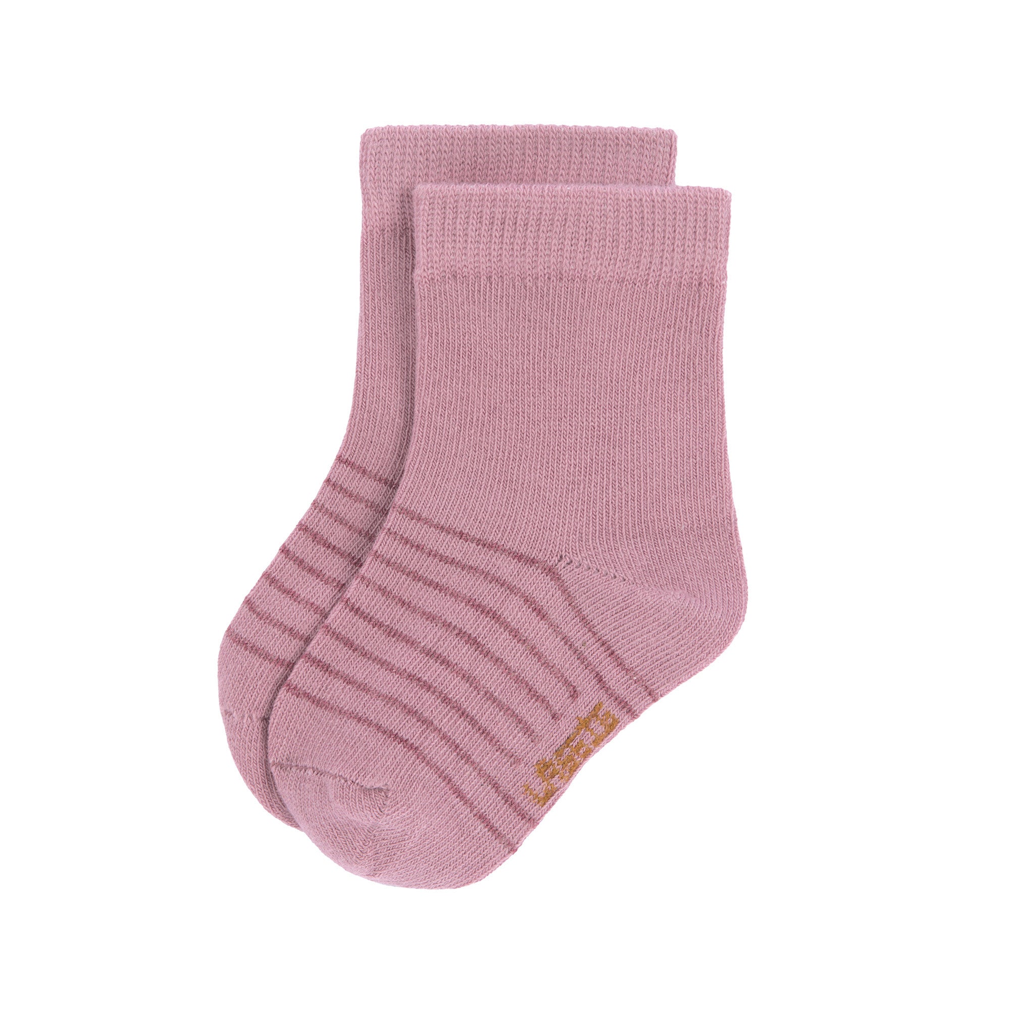 The Lassig organic cotton baby socks in a light pink with darker pink stripes.