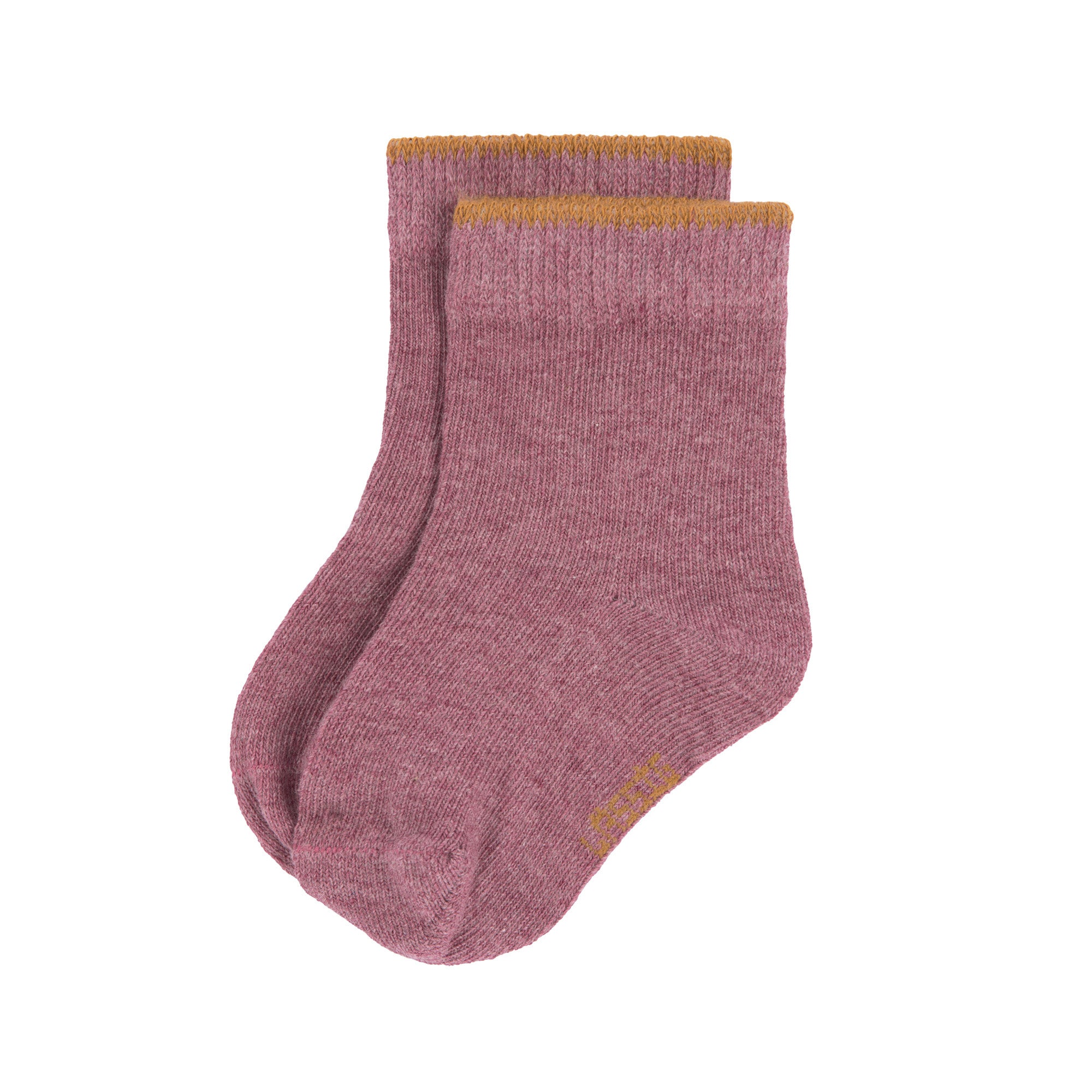 The Lassig organic cotton baby socks in a dark pink with mstard yellow trims on the cuffs.