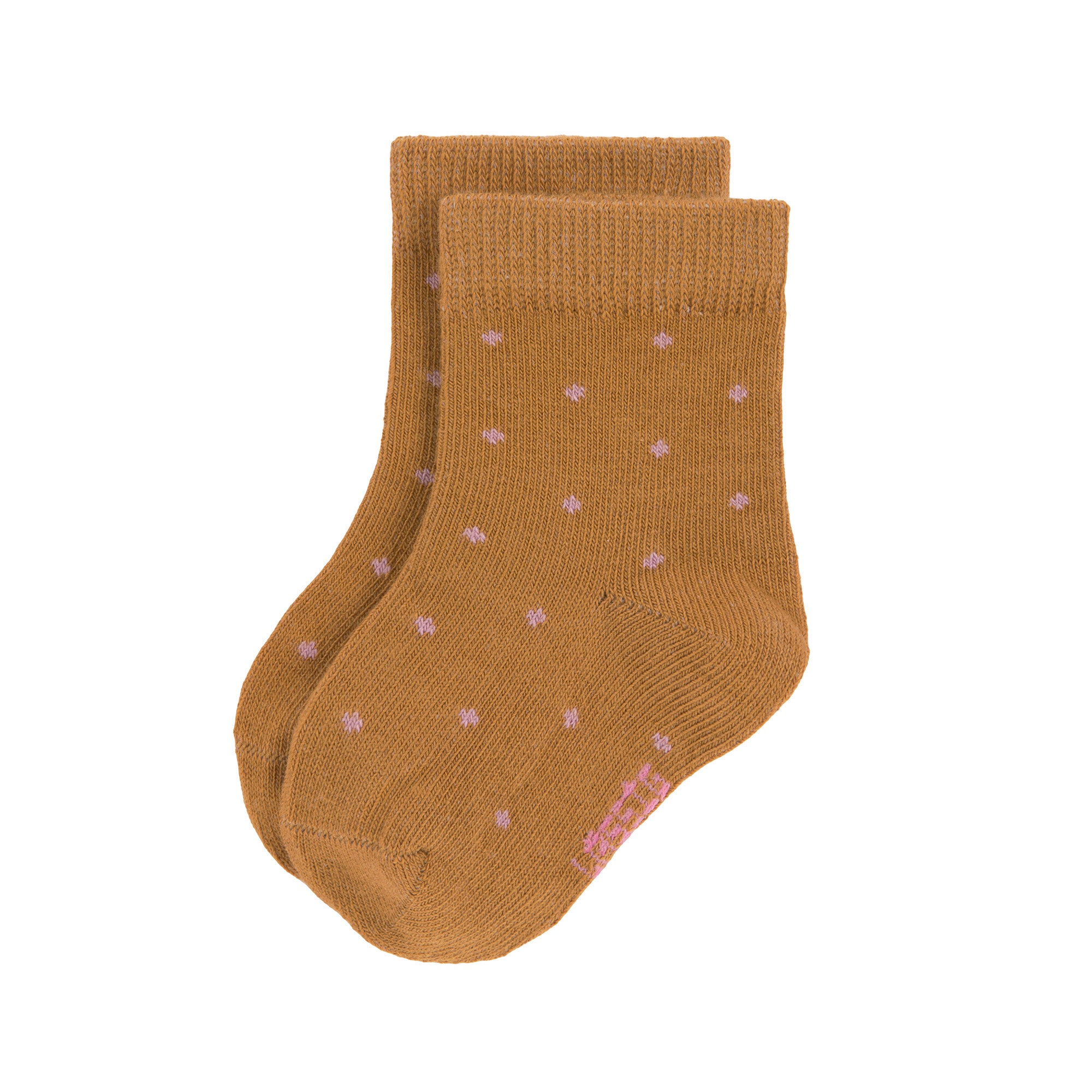 The Lassig organic cotton baby socks in mustard yellow with light pink dots.