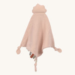 The Lassig organic cotton baby comforter in light pink, with a pink cloud attached and colourful tags to play with. 