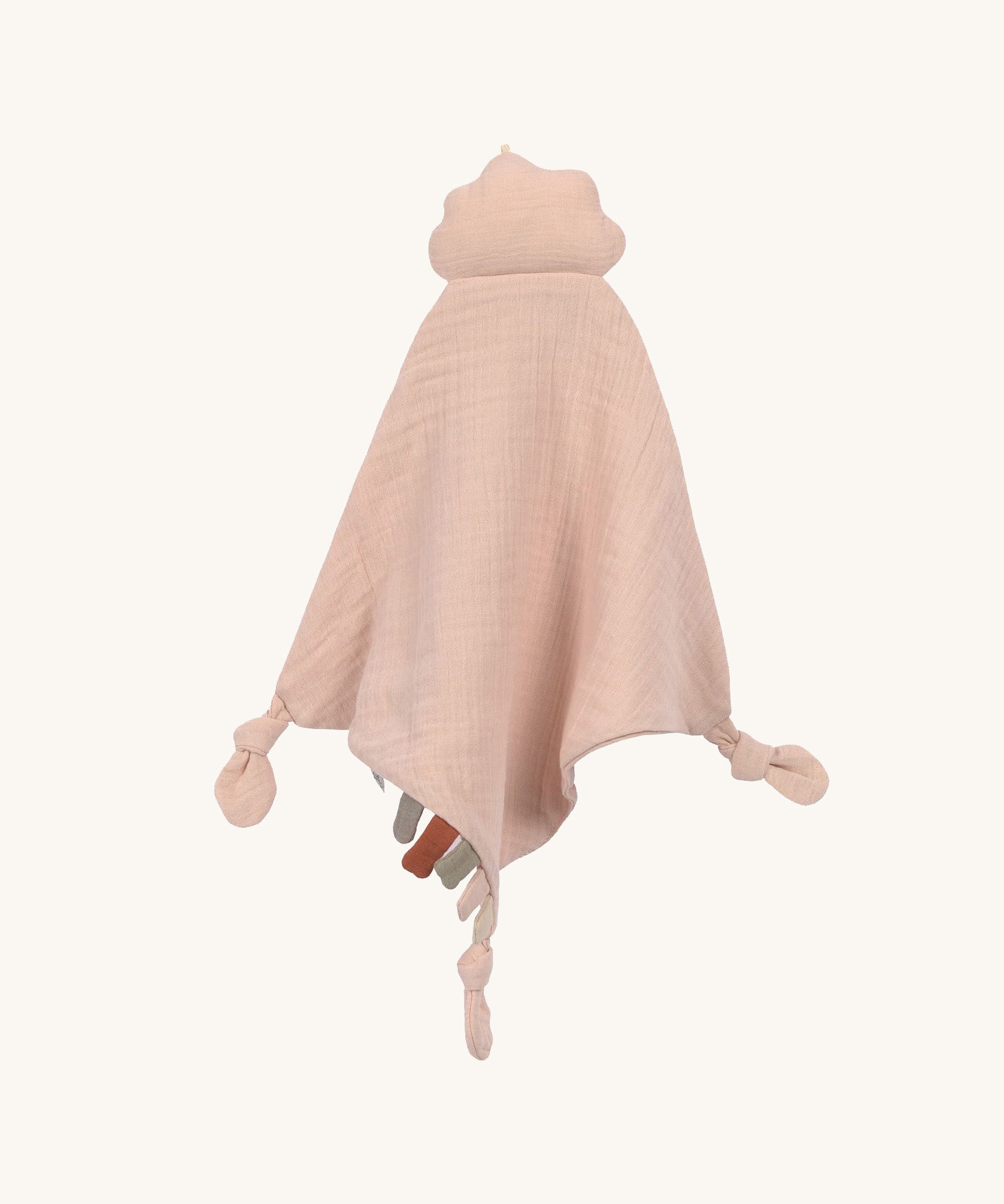 The Lassig organic cotton baby comforter in light pink, with a pink cloud attached and colourful tags to play with. 