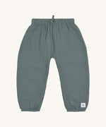 The Lassig organic muslin baby pants in petrol green. 