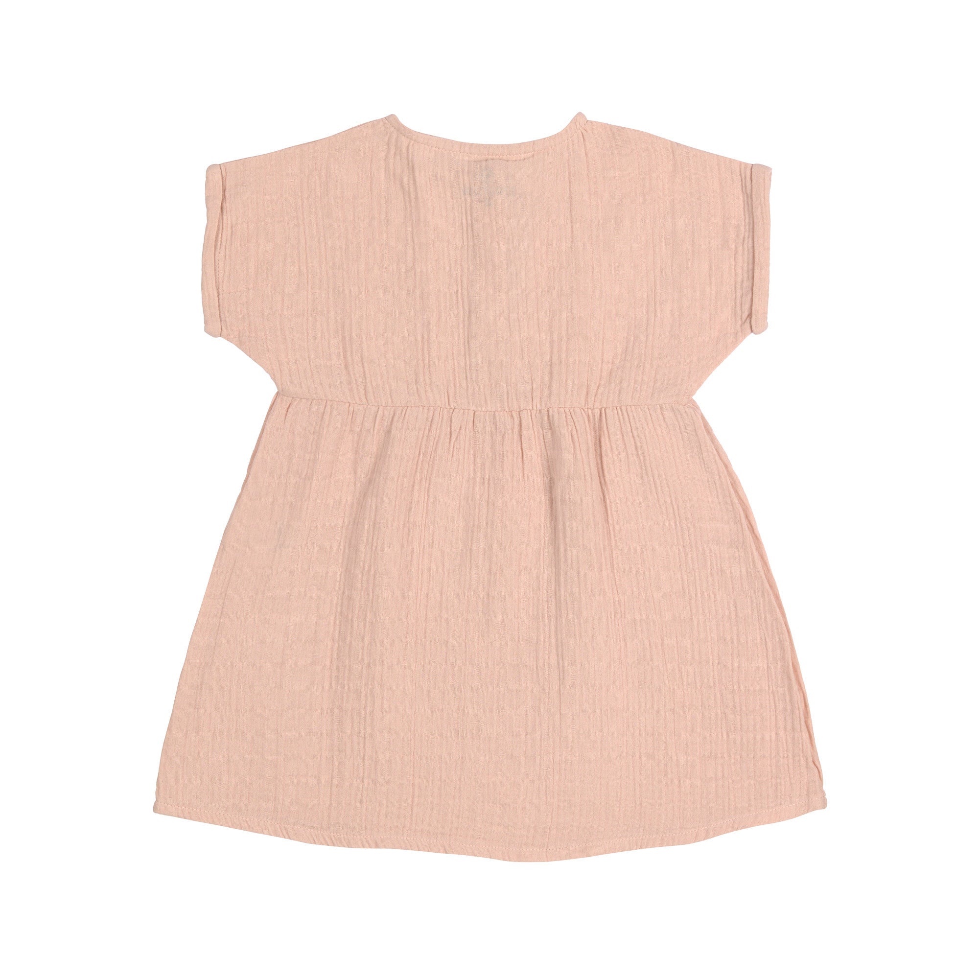 The back of the Lassig organic cotton muslin dress for babies and toddlers in a pretty powder pink colour.