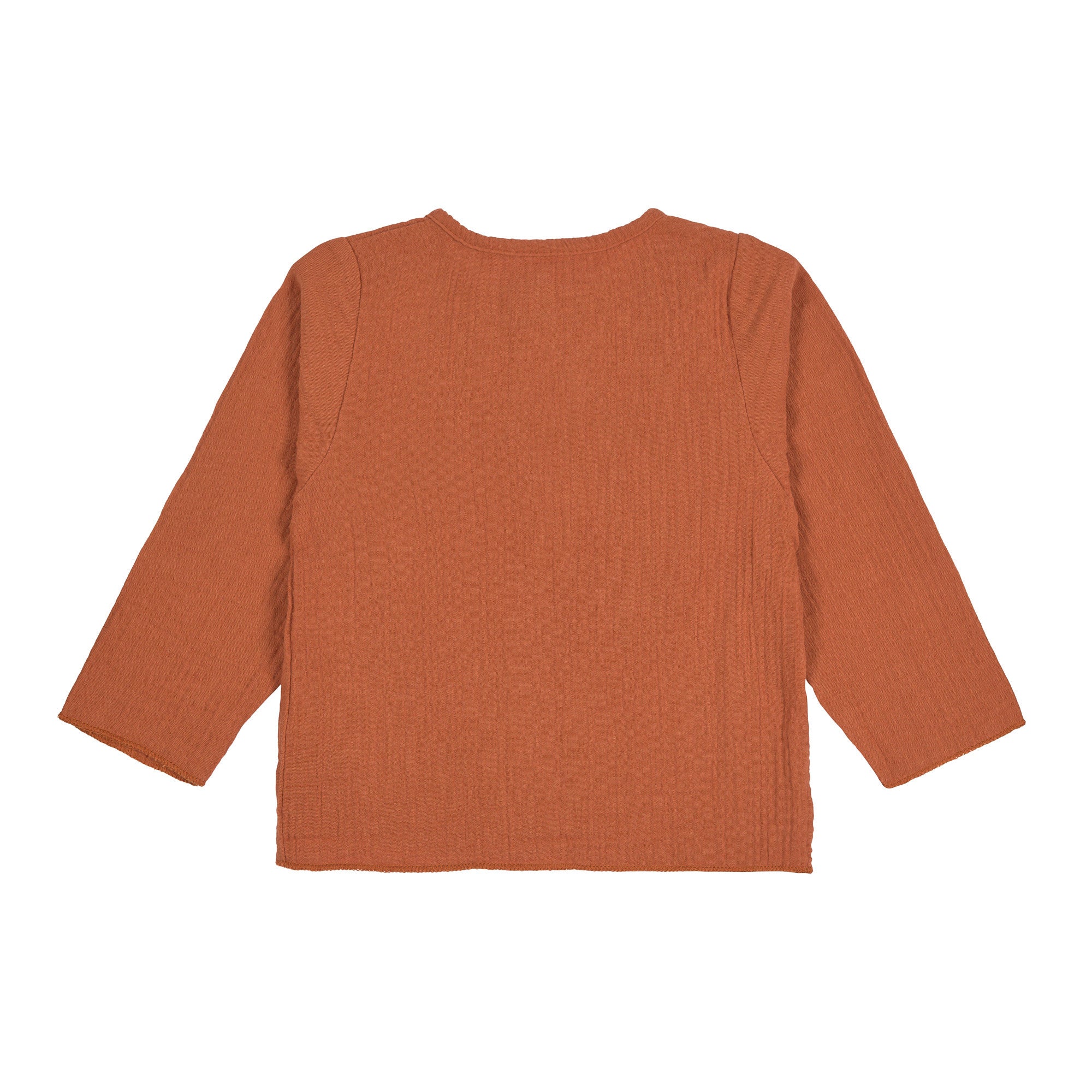 The back of the Lassig organic cotton muslin shirt for babies and toddlers, in a bright orange rust colour.
