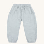 The back of the Lassig organic cotton muslin baby trousers, in powder blue. 