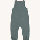 The back of the Lassig organic cotton muslin playsuit romper in petrol green. 