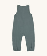 The back of the Lassig organic cotton muslin playsuit romper in petrol green. 