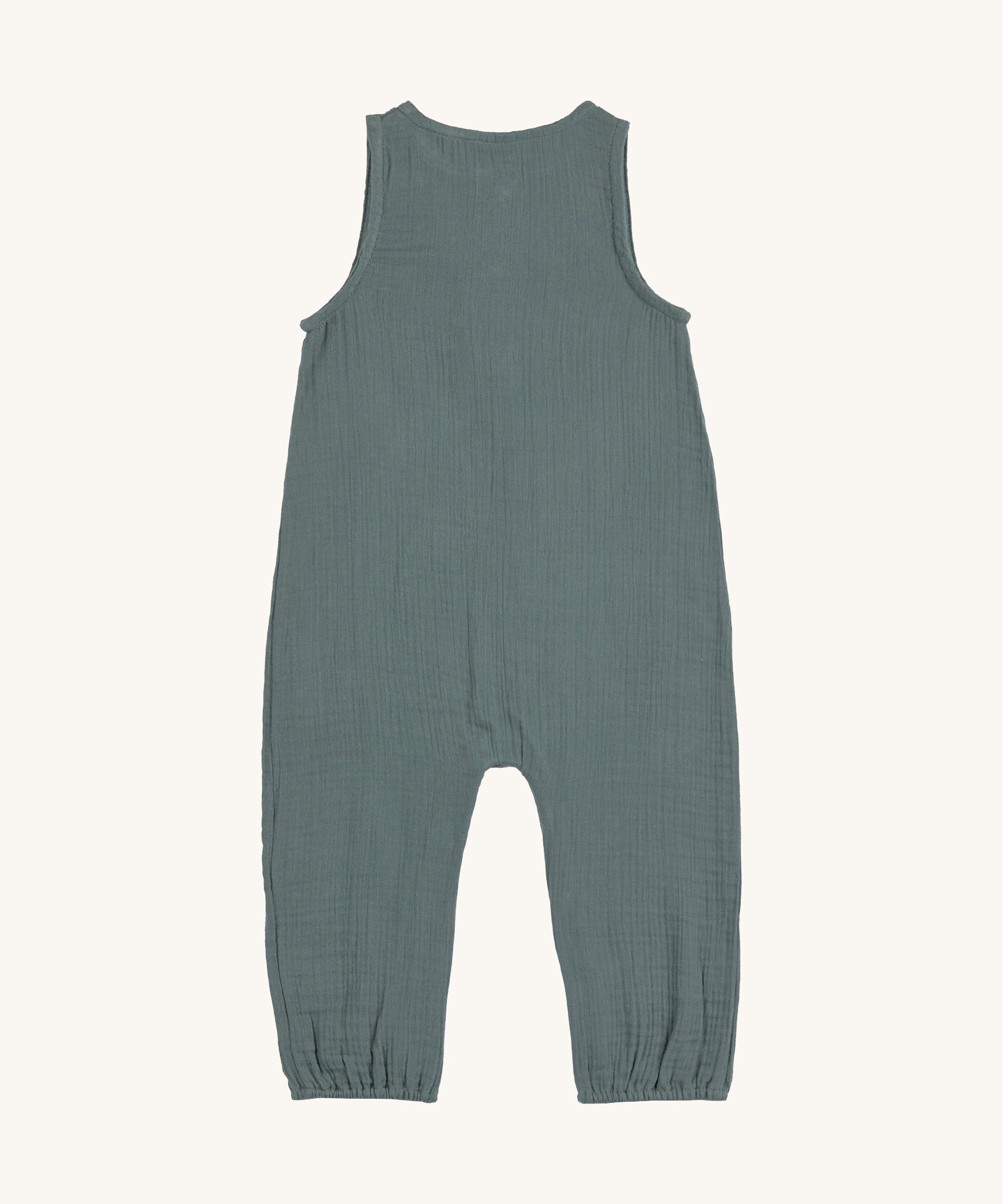 The back of the Lassig organic cotton muslin playsuit romper in petrol green. 