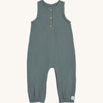 The Lassig organic cotton muslin jumpsuit in a petrol green colour.