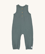 The Lassig organic cotton muslin jumpsuit in a petrol green colour.