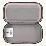A close up of the inside of the Lassig spacy pink & navy pencil case showing the spacious compartment to hold different stationary 