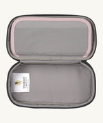 A close up of the inside of the Lassig spacy pink & navy pencil case showing the spacious compartment to hold different stationary 