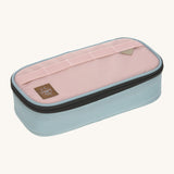 Lassig spacy pink & navy pencil case  available at Babipur. Features a black zip fastener and a matching decorative pink strap on the front panel