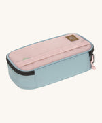 Lassig kids spacy school pencil case in pink & navy available at Babipur. Features a decorative pink strap on the front and a black zip fastener.  