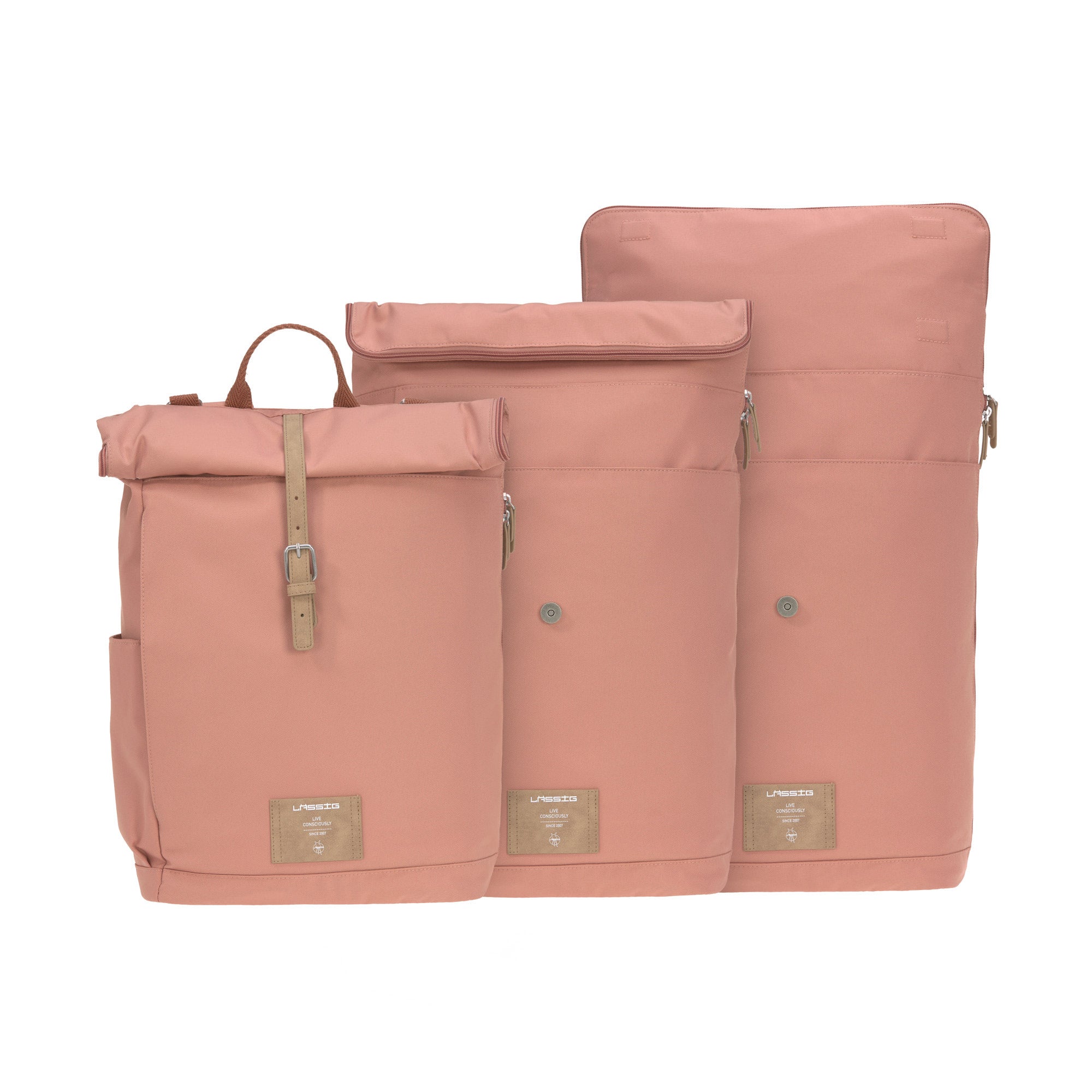 The Lassig rolltop nappy change backpack, in all phases of opening