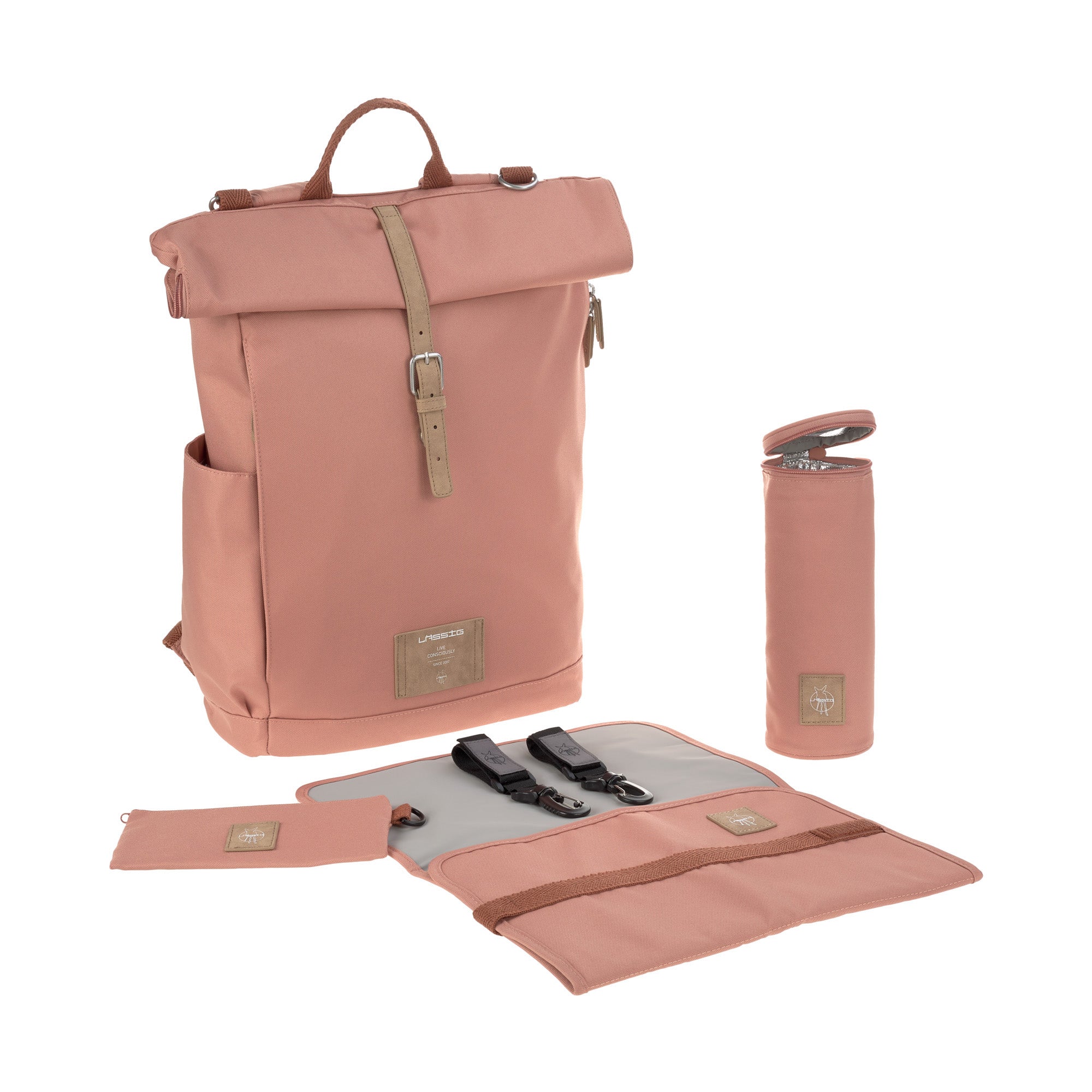 The Lassig rolltop nappy change backpack in cinnamon, with all the included goodies like a change mat