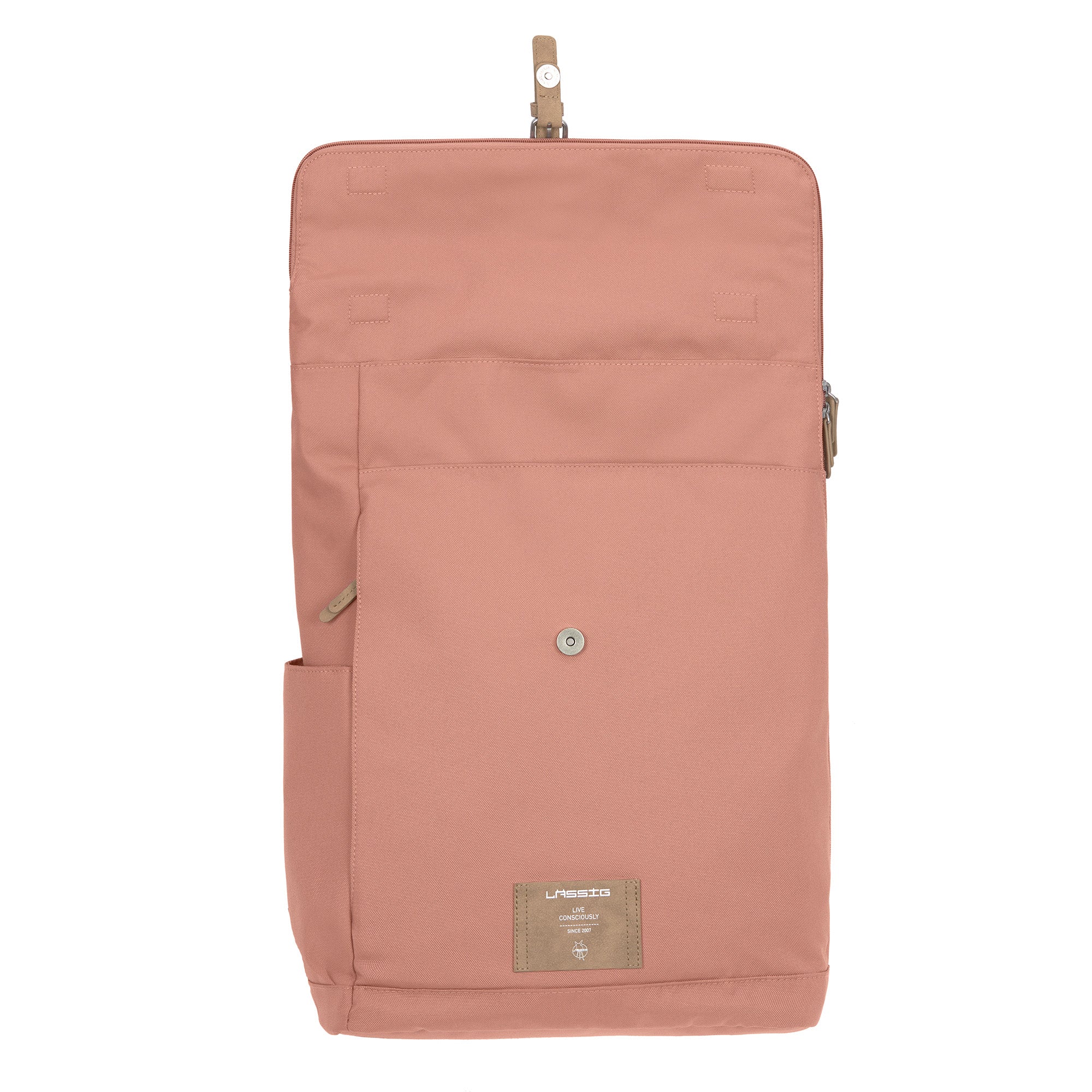The Lassig rolltop nappy change backpack in cinnamon, opened