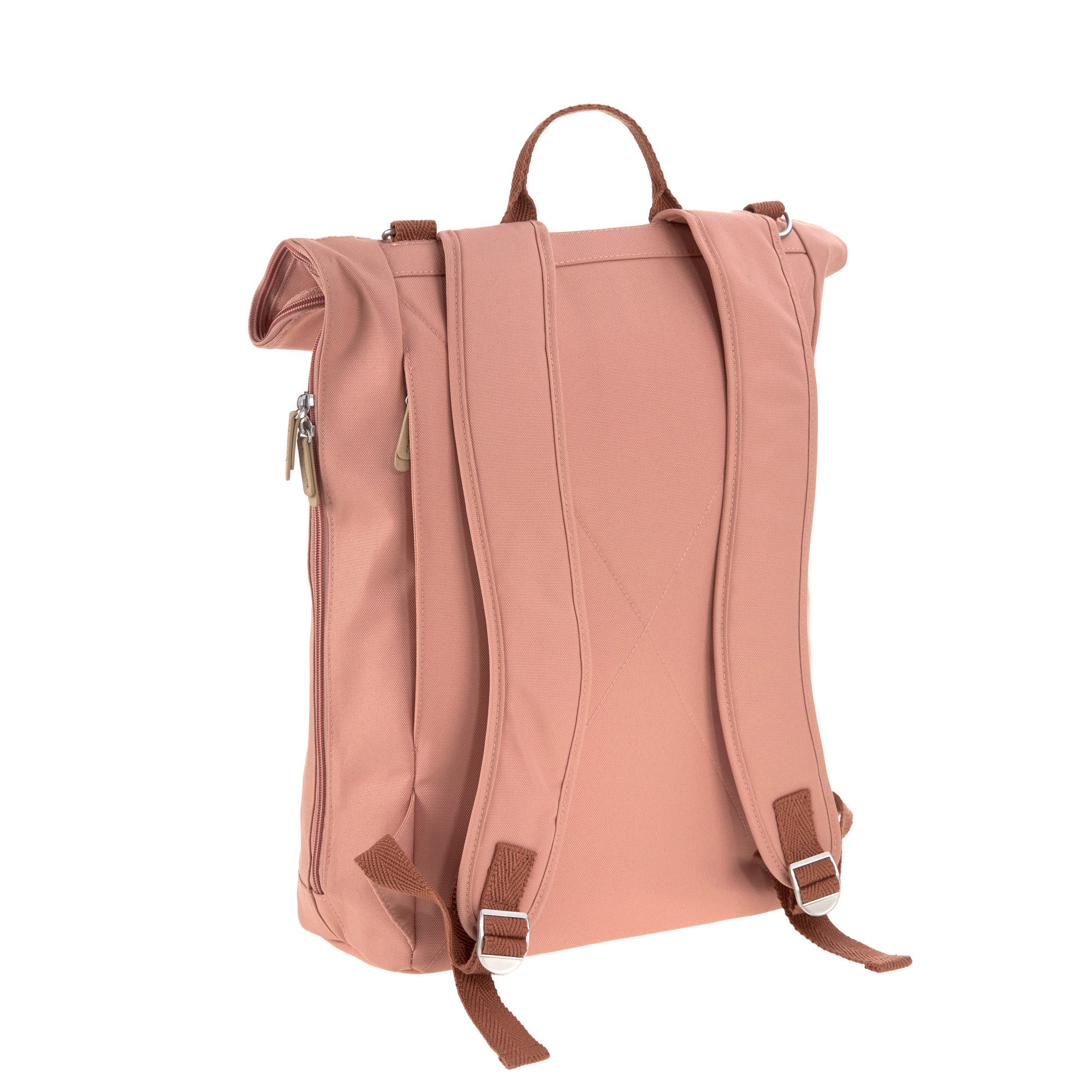 The back of the Lassig rolltop nappy change backpack in cinnamon
