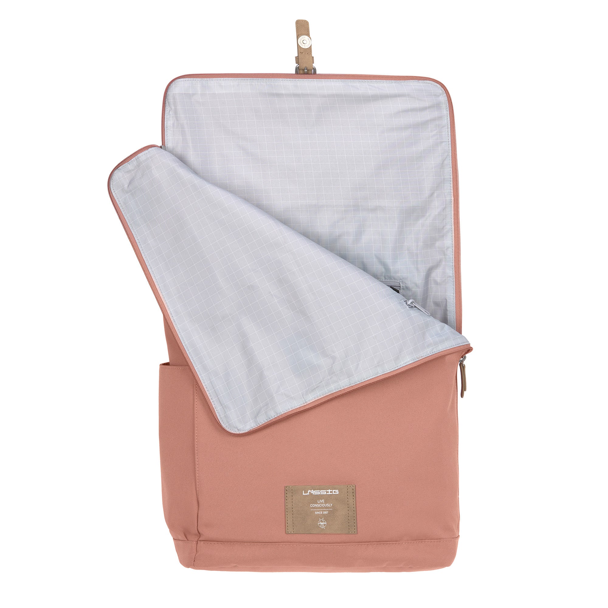 The Lassig rolltop nappy change backpack in cinnamon opened