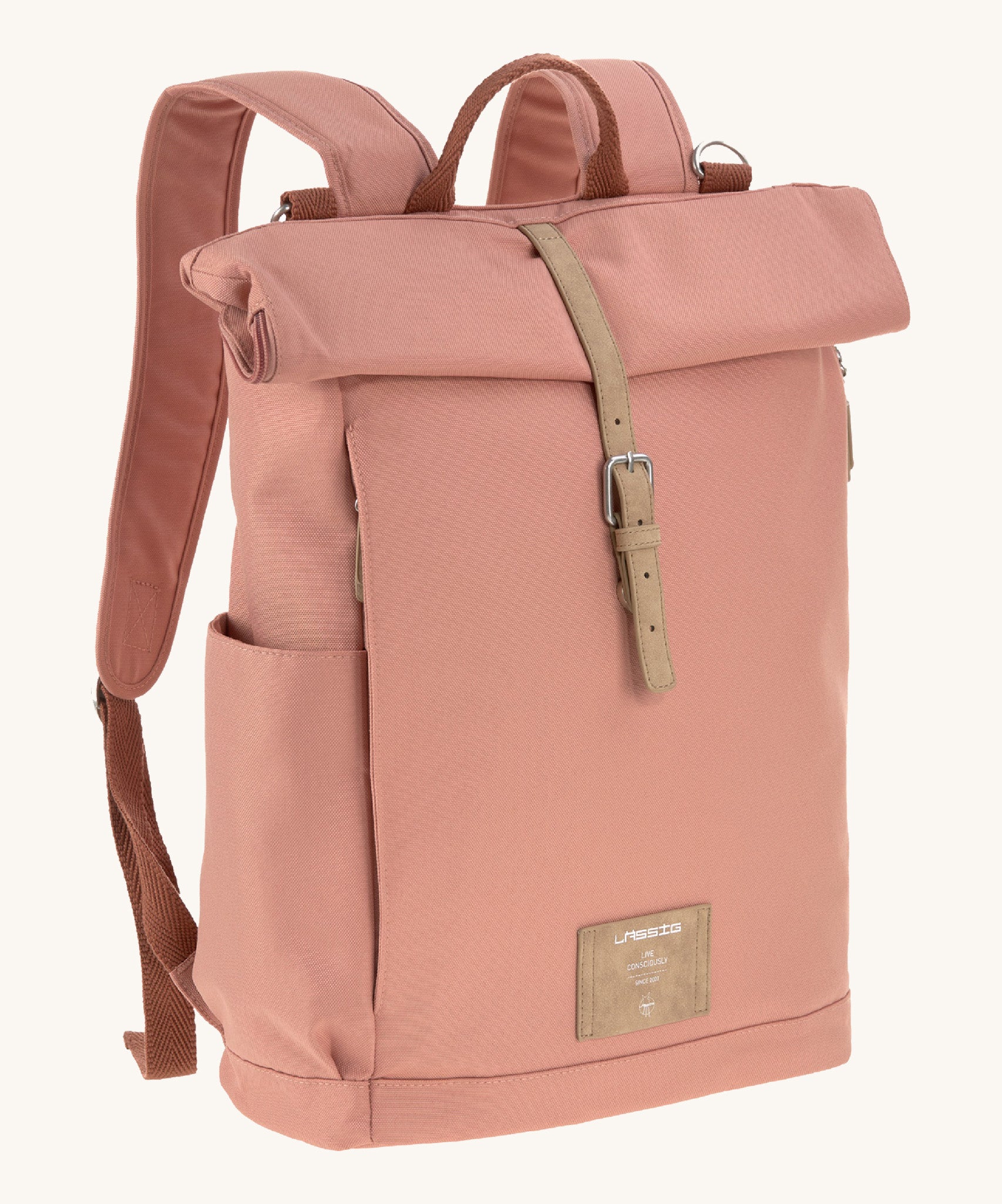The Lassig rolltop nappy change backpack in cinnamon.