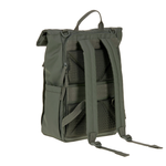 The back of the Lassig Rolltop Up nappy change backpack in olive green.