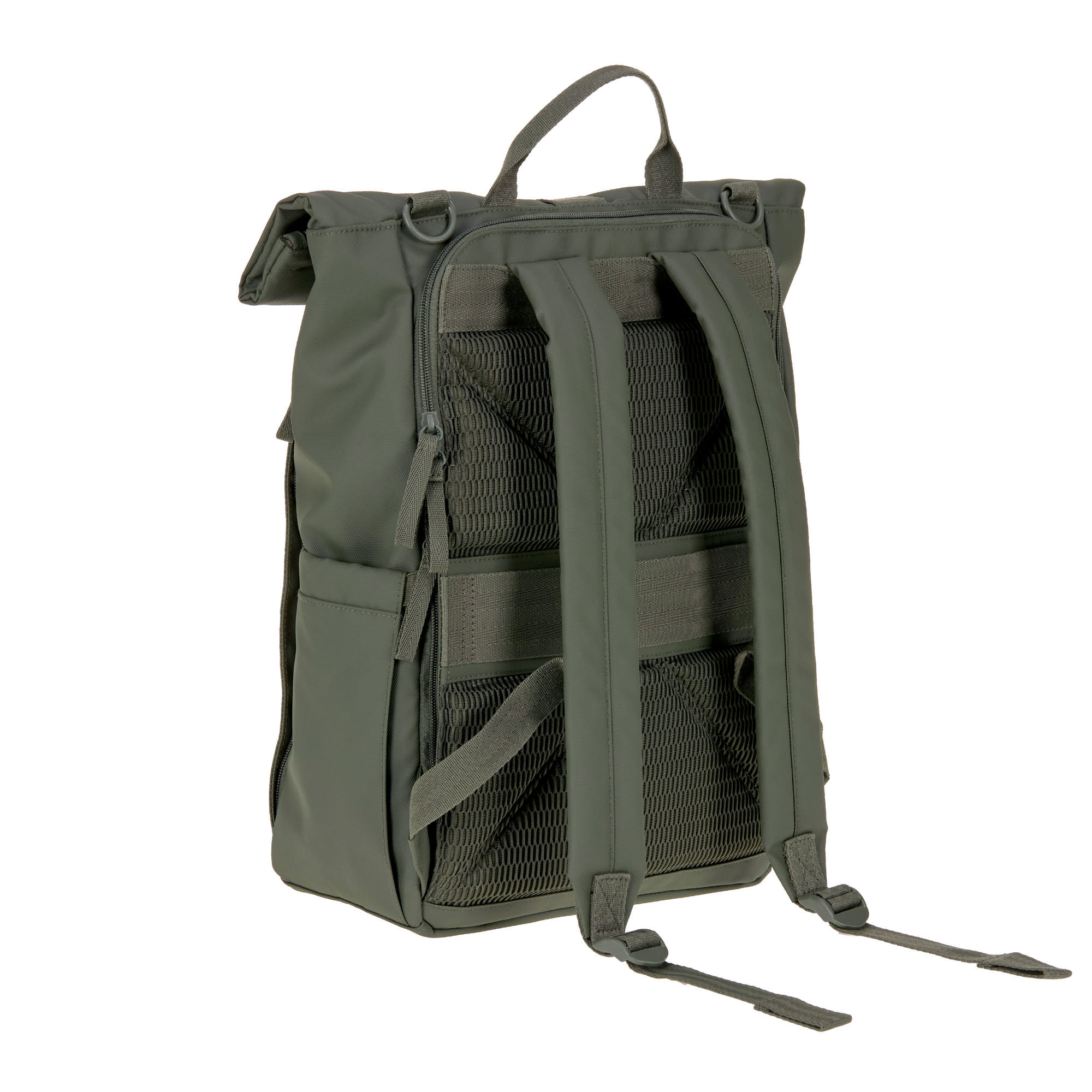 The back of the Lassig Rolltop Up nappy change backpack in olive green.