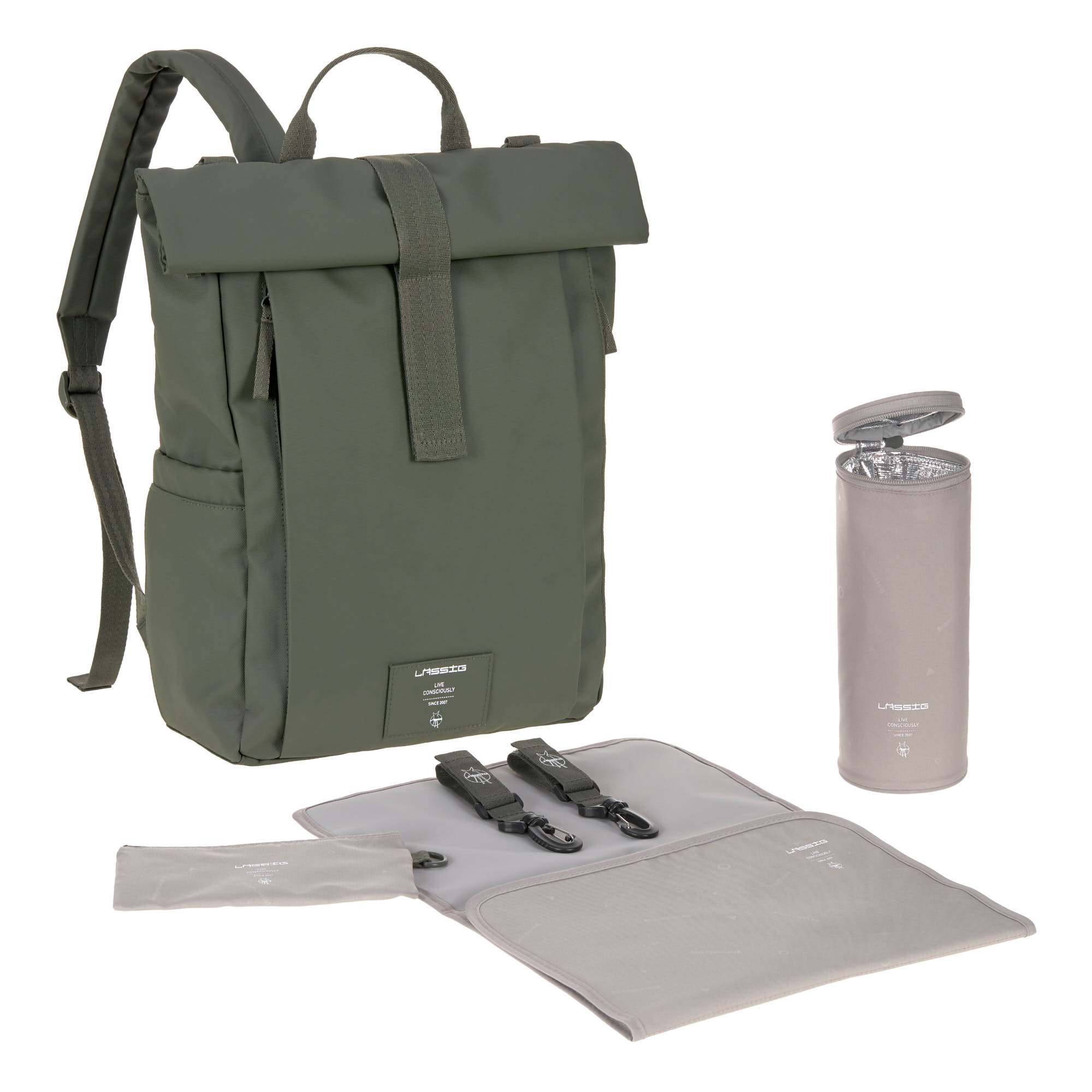 The Lassig Rolltop Up nappy change backpack in olive green, with the included nappy change mat, water bottle insulator, pram clips, and pouch.