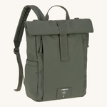 The Lassig rolltop up nappy change backpack in olive green.