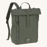 The Lassig rolltop up nappy change backpack in olive green.