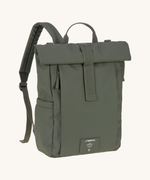 The Lassig rolltop up nappy change backpack in olive green.