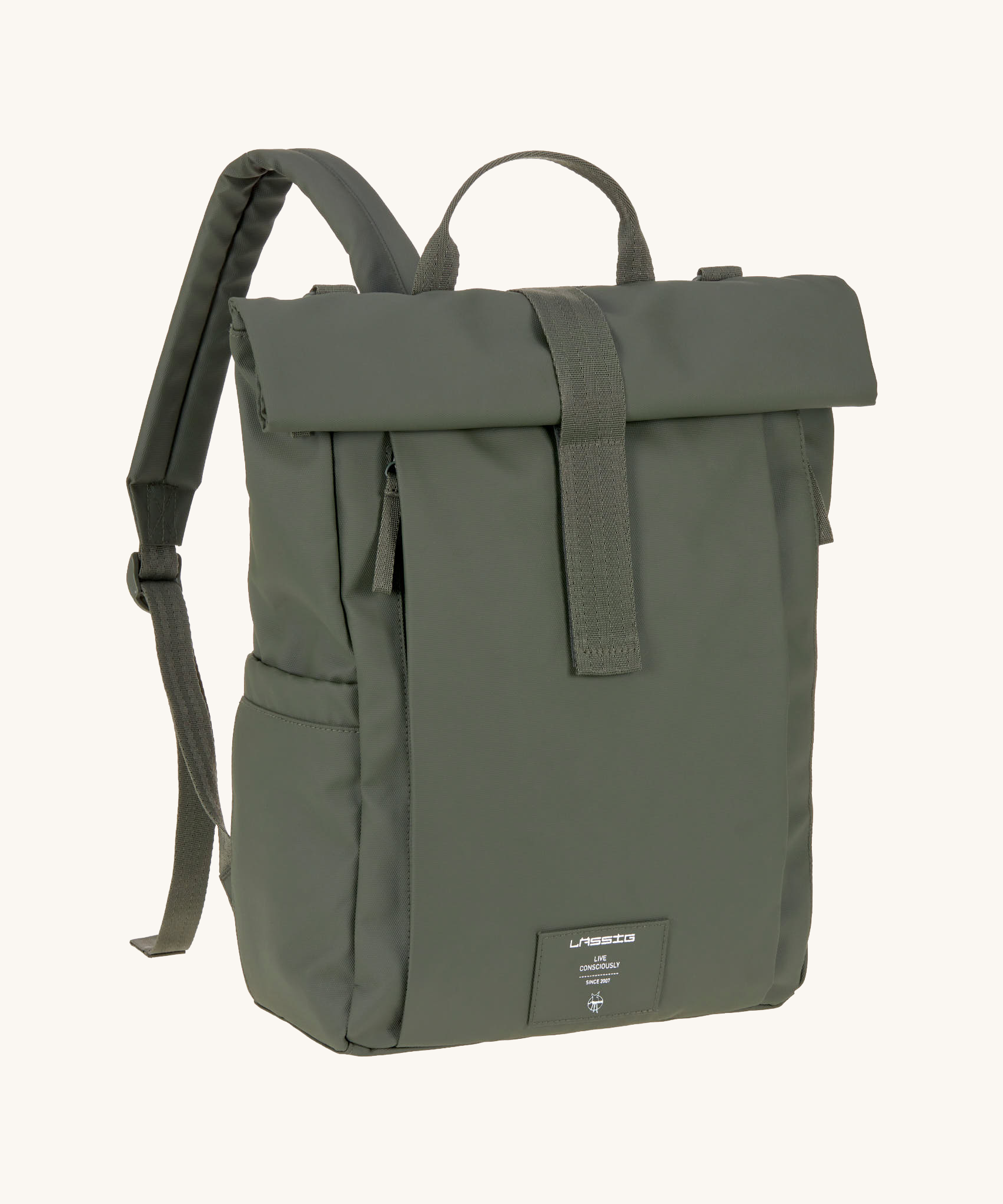The Lassig rolltop up nappy change backpack in olive green.