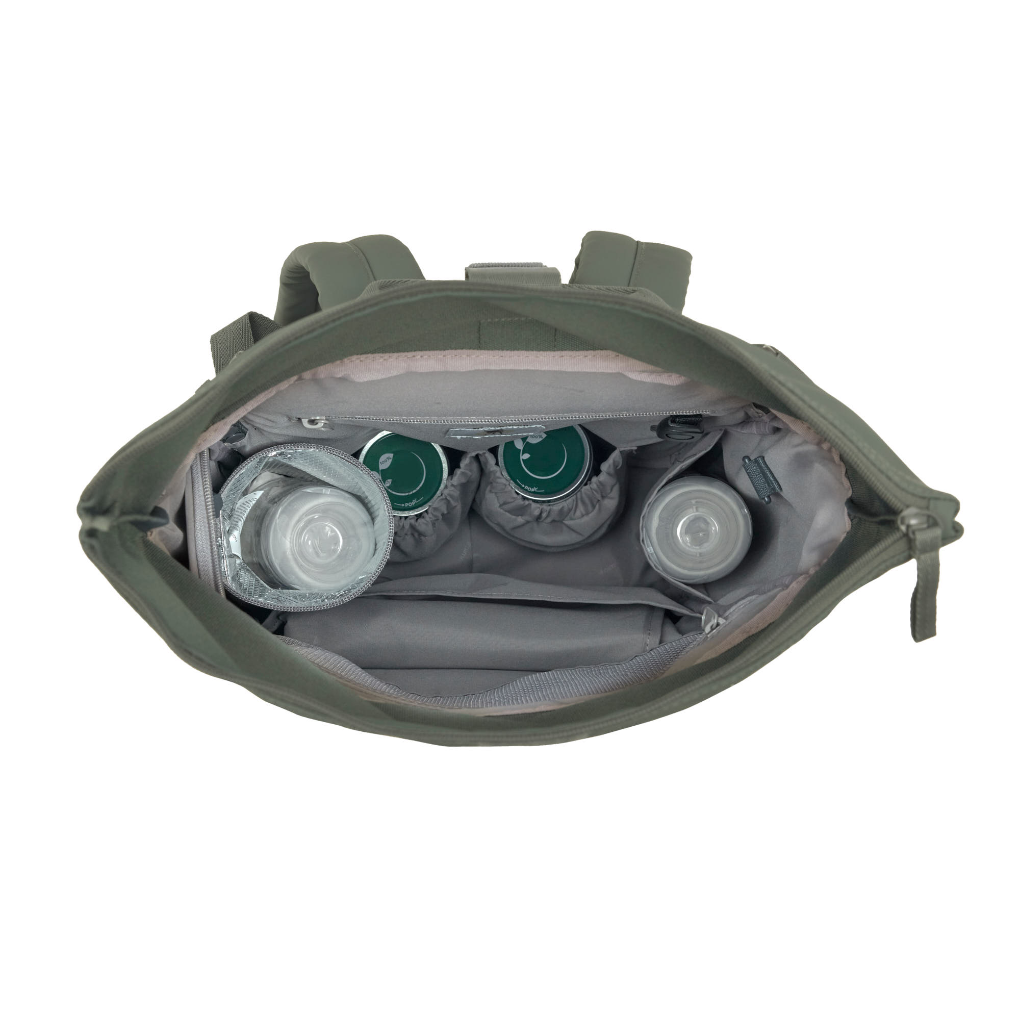 A top view of the inside of the Lassig Rolltop Up nappy change backpack in olive green, when the rolltop  opening is opened to max capacity.