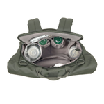 A top view of the inside of the Lassig Rolltop Up nappy change backpack in olive green, when the rolltop  opening is not opened to max capacity.