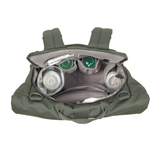 A top view of the inside of the Lassig Rolltop Up nappy change backpack in olive green, when the rolltop  opening is not opened to max capacity.