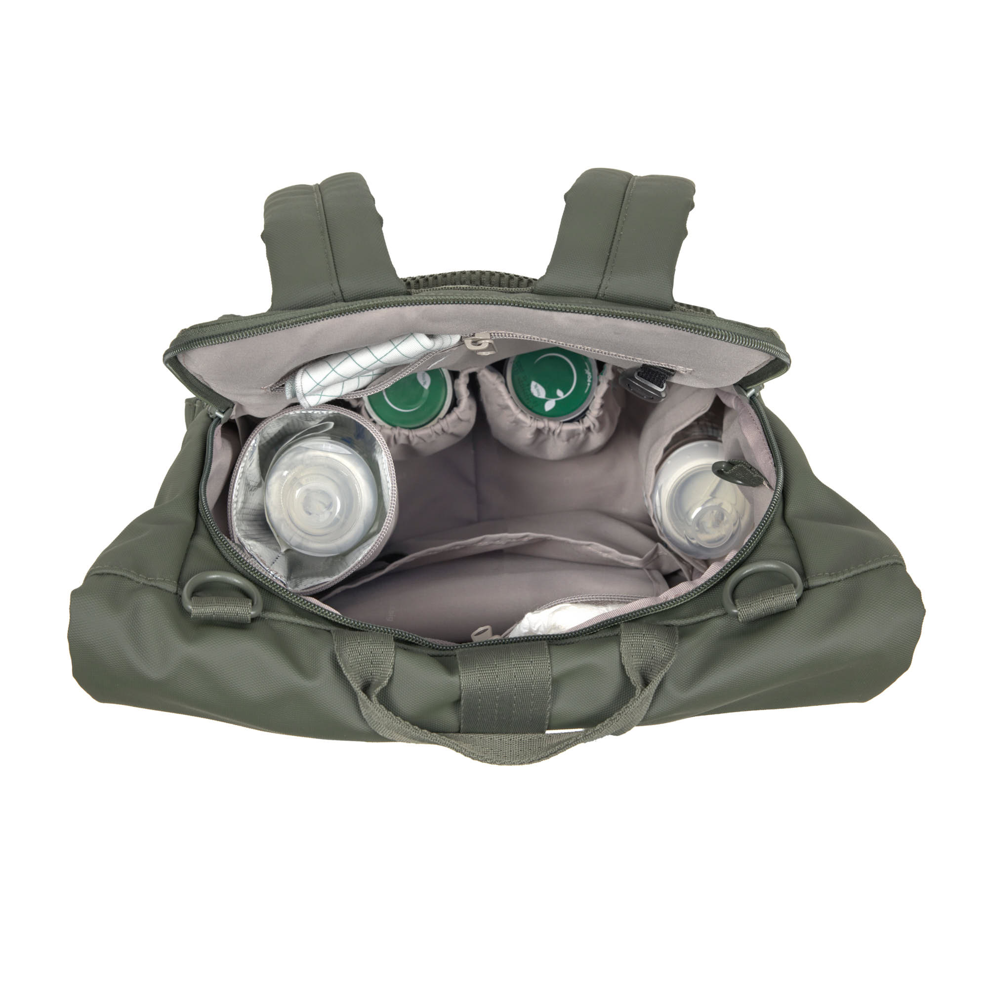 A top view of the inside of the Lassig Rolltop Up nappy change backpack in olive green, when the rolltop  opening is not opened to max capacity.