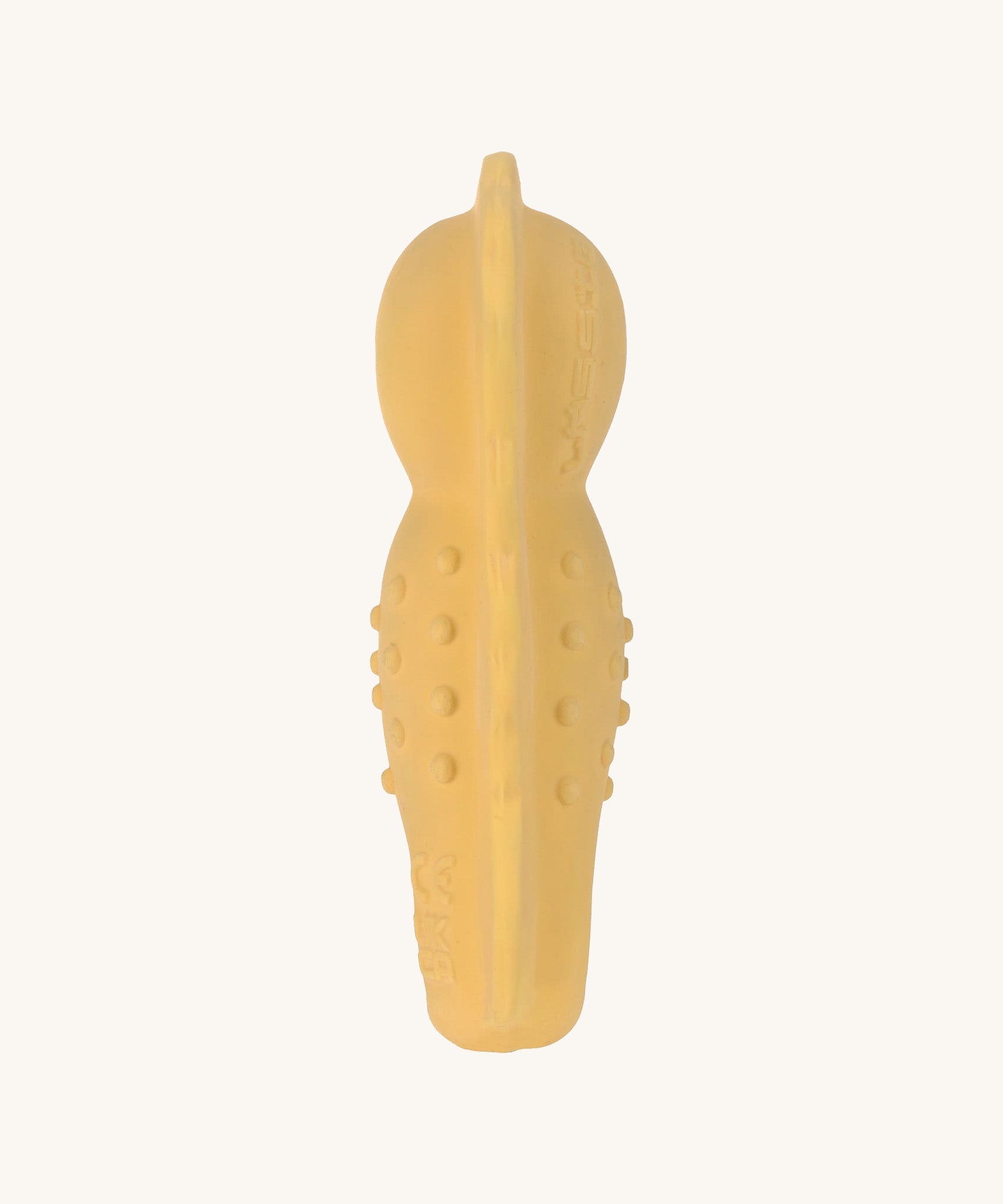 Back view of the Lassig natural rubber bath toy, a yellow seahorse.