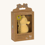 The Lassig yellow seahorse natural rubber bath toy in its recyclable cardboard box. 