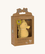 The Lassig yellow seahorse natural rubber bath toy in its recyclable cardboard box. 