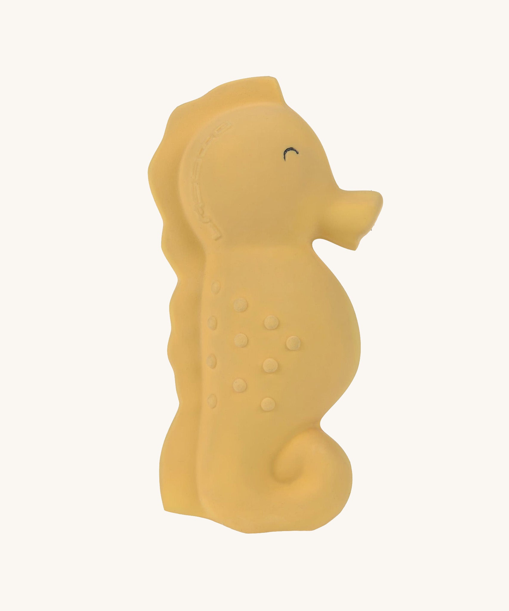The Lassig yellow seahorse natural rubber bath toy.