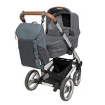 The Lassig Slender Up nappy change backpack in reflective anthracite, attached to a pram with the included pram clips.