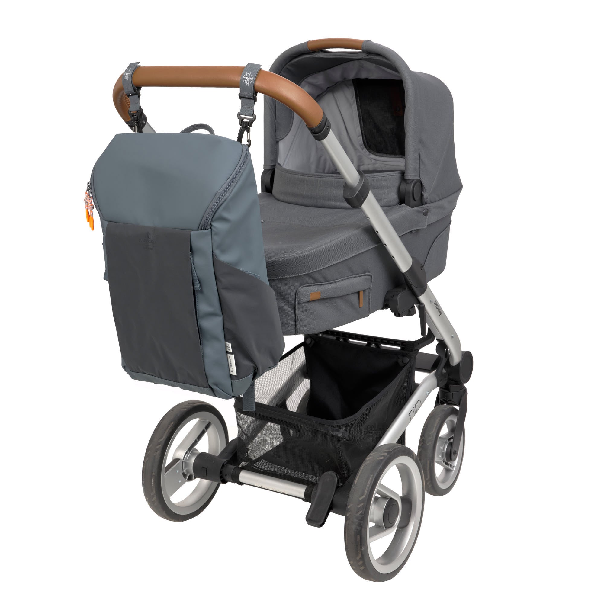 The Lassig Slender Up nappy change backpack in reflective anthracite, attached to a pram with the included pram clips.