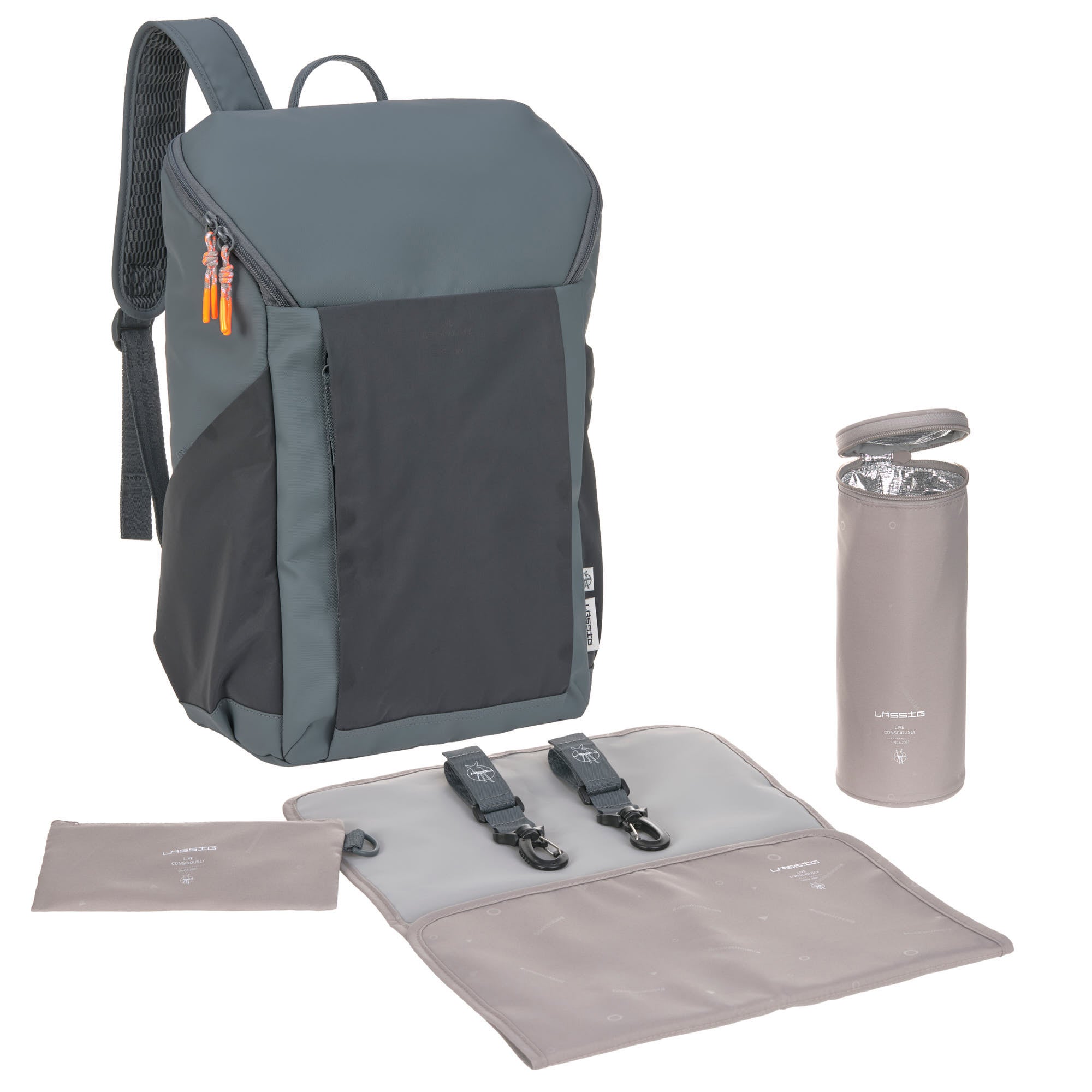 The Lassig Slender Up nappy change backpack in reflective anthracite, with the included baby change mat, insulated bottle holder, pram clips, and pouch.