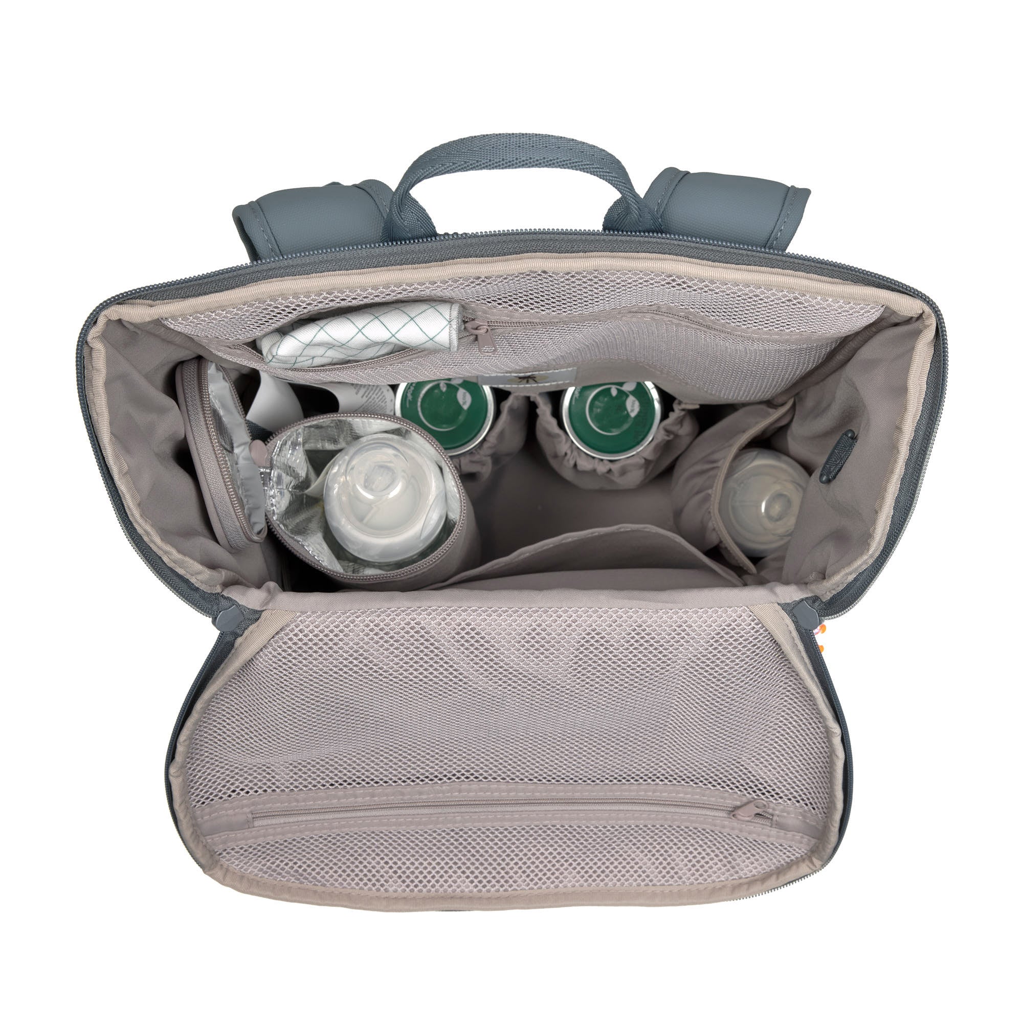 A top view of the inside of the Lassig Slender Up nappy change backpack in reflective anthracite