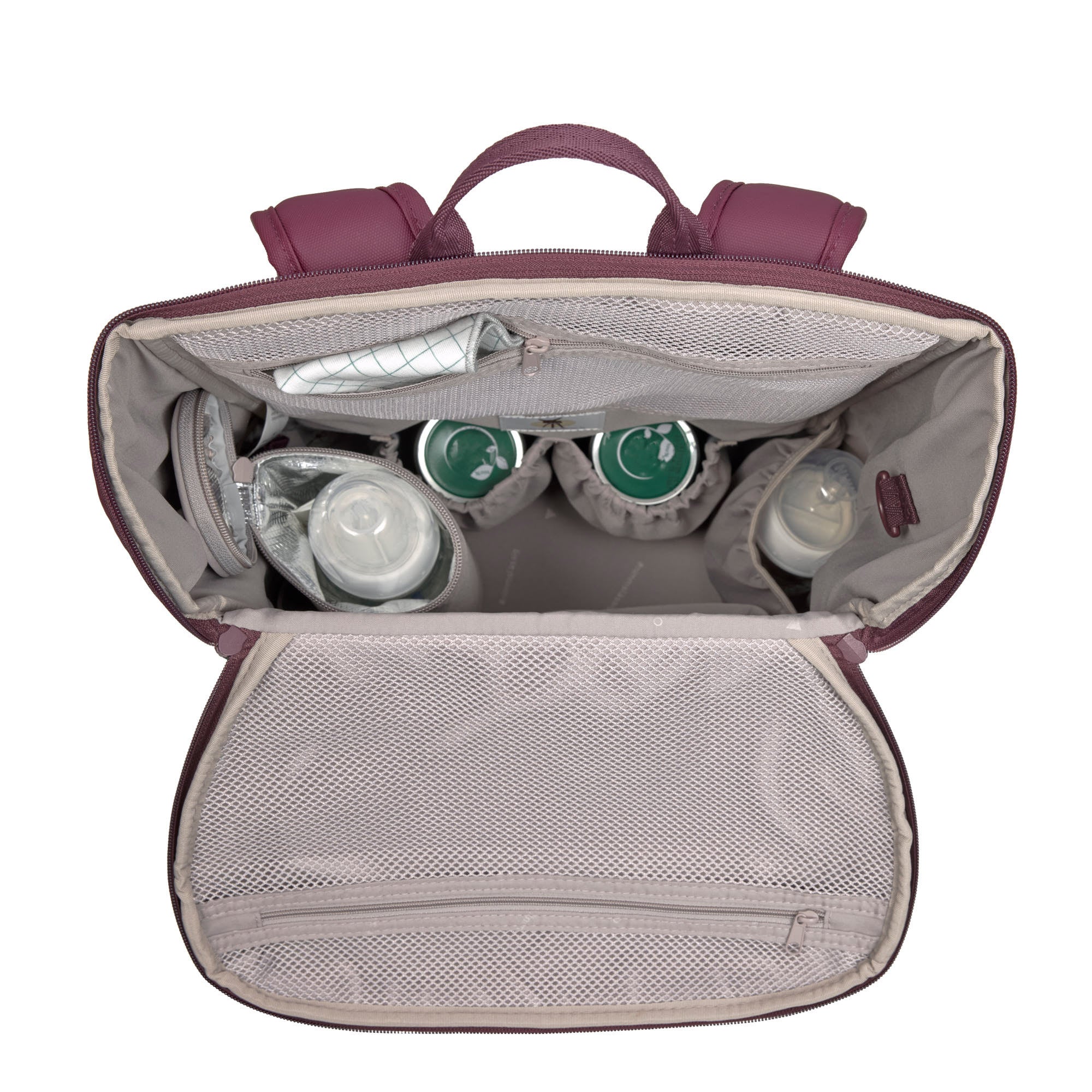 A top view of an opened Lassig Slender Up Nappy change backpack in deep red.