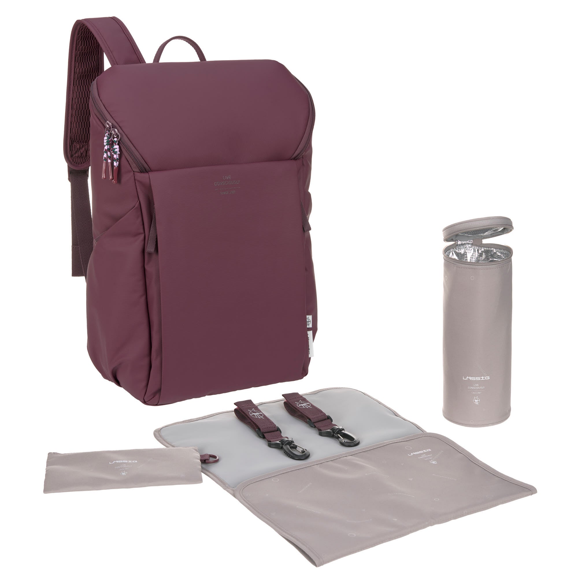 The Lassig Slender Up Nappy change backpack in deep red, with all the extras included; the nappy change mat, water bottle insulator, pram clips, pouch