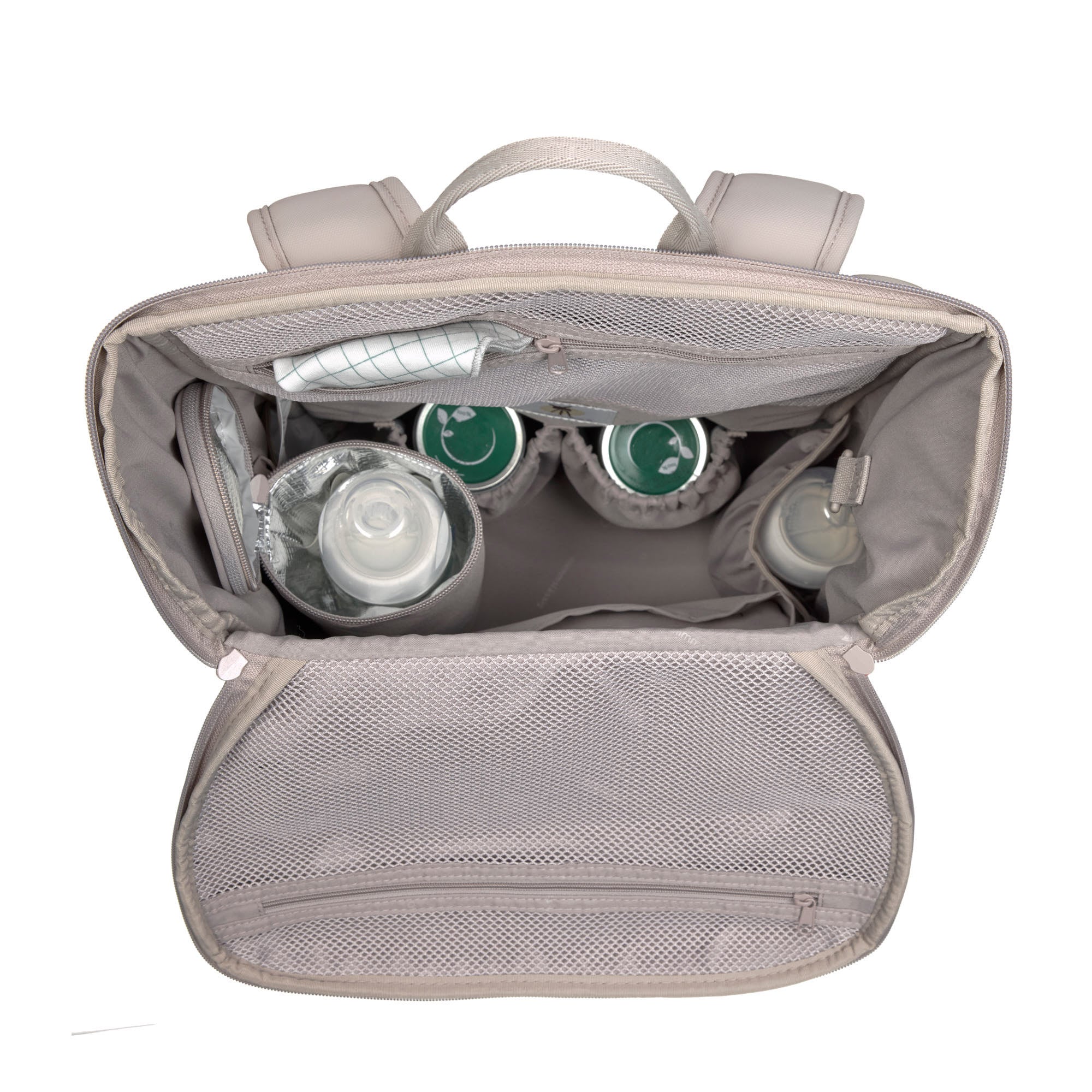 A top view of the opened Lassig Slender Up nappy change backpack in Taupe