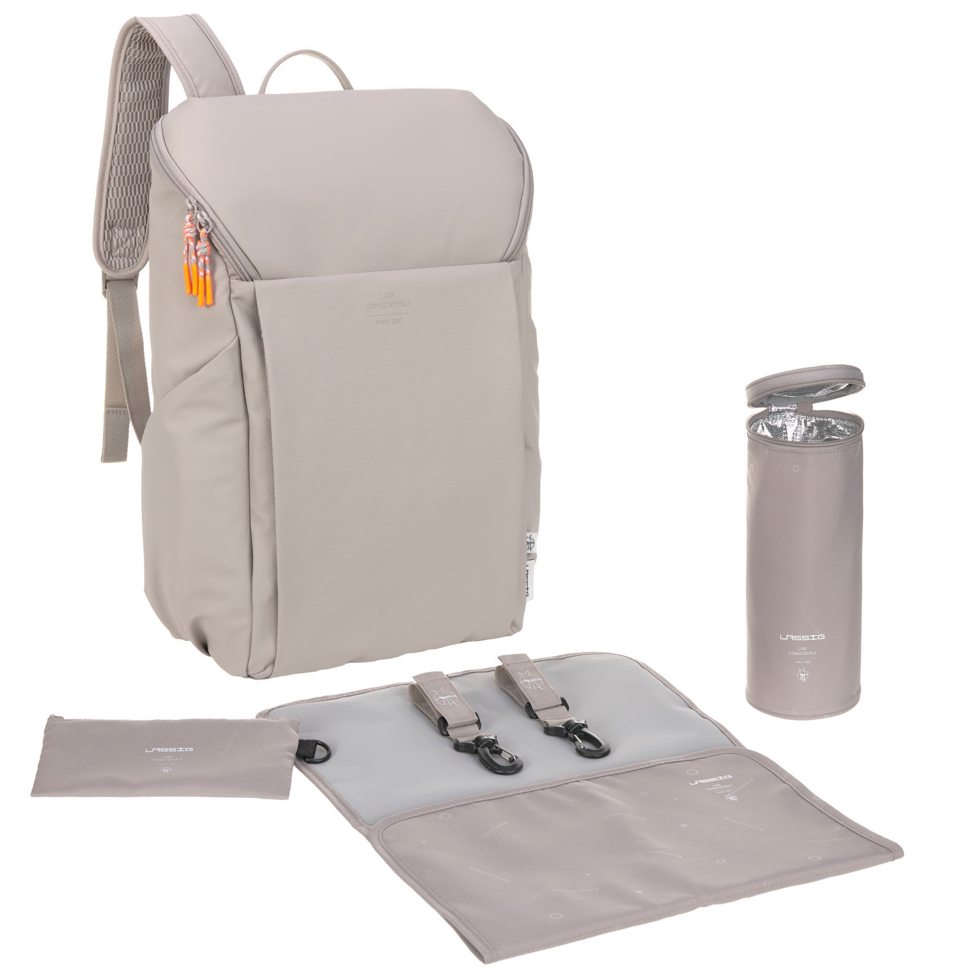 The Lassig Slender Up nappy change backpack in Taupe, with the included nappy change bag, pram clips, insulated bottle holder, and accessory pouch.