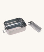 The Lassig Stainless Steel Bamboo Lunchbox with a Garden Explorer design shown with the removable divider taken out.. This stainless steel lunchbox is part of a wide range of reusable food containers available at Babipur. 