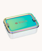 Lassig Stainless Steel Lunchbox in a  Solid Bold Rainbow design. A stainless steel lunchbox with removable divider featuring an iridescent rainbow coloured lid. This lunchbox is part of a wide range of reusable items available at Babipur. 