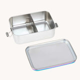 Lassig Stainless Steel Lunchbox in a  Solid Bold Rainbow design. A stainless steel lunchbox with removable divider featuring an iridescent rainbow coloured lid. This lunchbox is part of a wide range of reusable items available at Babipur. 